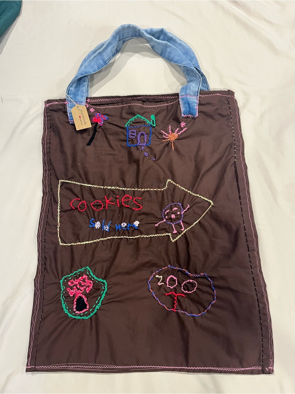 Handmade Girl Scout Tote Bag Brown Embroidered Cookies Denim Handles 20x16